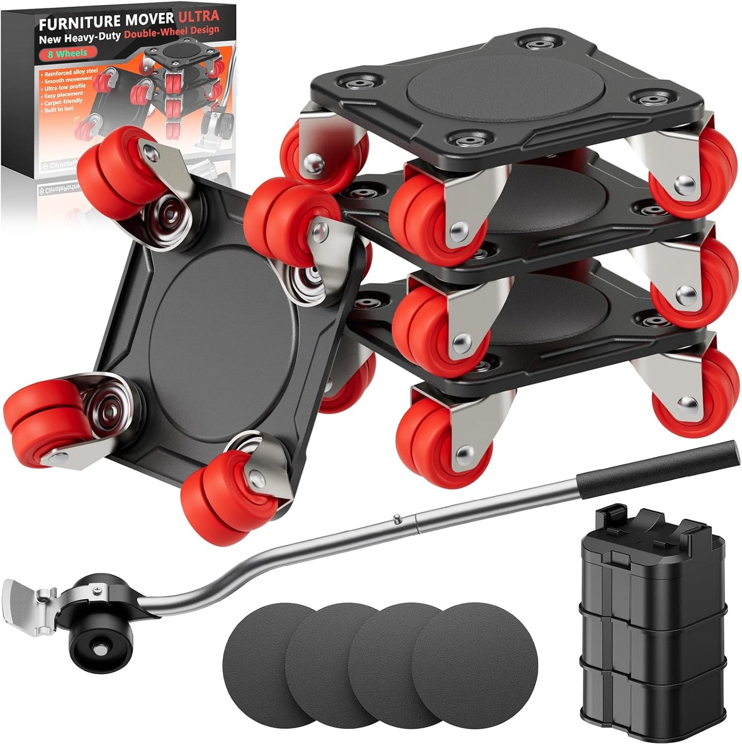 ONEON Heavy Duty Furniture Movers with Wheels Dolly with Auxiliary Lifter, All-New Upgraded Carbon Steel Panels & Dual-Wheeled Casters, Supports up to 1650 lbs (L)