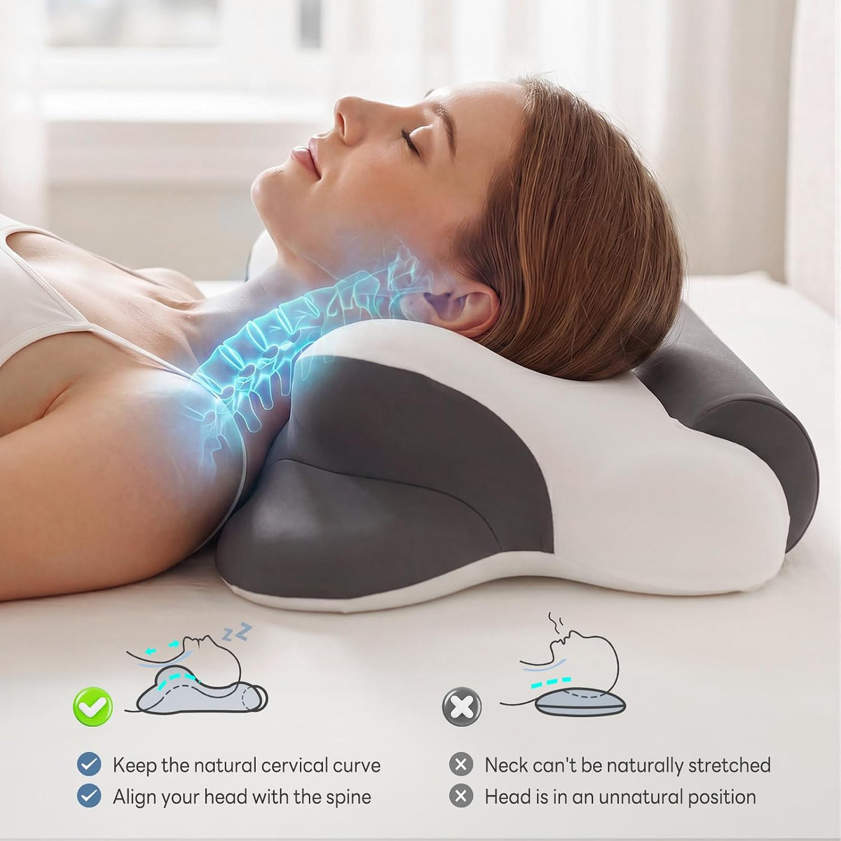 DUMOS 2-in-1 Contoured Neck Pillow, Slow Rebound Cooling Memory Foam with Detachable Round Support Roll, Multi Support Bolster for Neck Waist Ankle, Washable Cover for Side Back Stomach Sleepers White