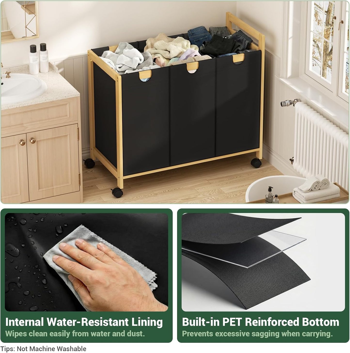 250L Laundry Sorter with Wheels, 3-Section Laundry Hamper, Black | 66 Gal Large Laundry Cart with Removable Bags, Rolling Laundry Basket, Water-Resistant, Bamboo Frame, Laundry Room Organizer