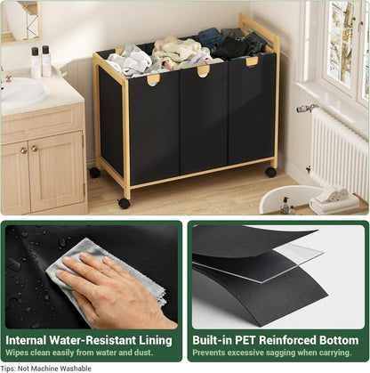 250L Laundry Sorter with Wheels, 3-Section Laundry Hamper, Black | 66 Gal Large Laundry Cart with Removable Bags, Rolling Laundry Basket, Water-Resistant, Bamboo Frame, Laundry Room Organizer