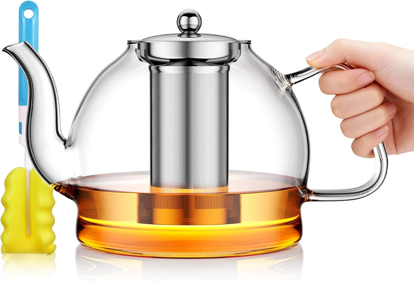 Glass Teapot, 40oz/1200ml Tea Pot with Removable Infuser for Loose Tea | Stovetop Safe Borosilicate Glass Tea Kettle with Strainer and Lid, Hand Crafted Clear Teapot with Scale Line,Tea Brewer Guide