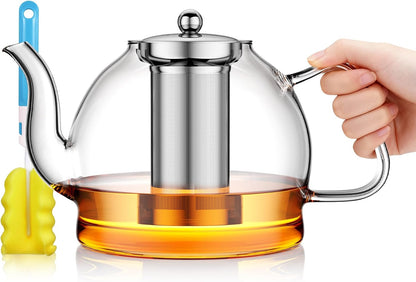 Glass Teapot, 40oz/1200ml Tea Pot with Removable Infuser for Loose Tea | Stovetop Safe Borosilicate Glass Tea Kettle with Strainer and Lid, Hand Crafted Clear Teapot with Scale Line,Tea Brewer Guide