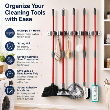 voze 5 Racks and 4 Hooks Mop and Broom Holder Wall Mount, Self Adhesive Heavy Duty Broom Hanger Organizer Storage Tool Racks for Kitchen Garden Laundry Garage