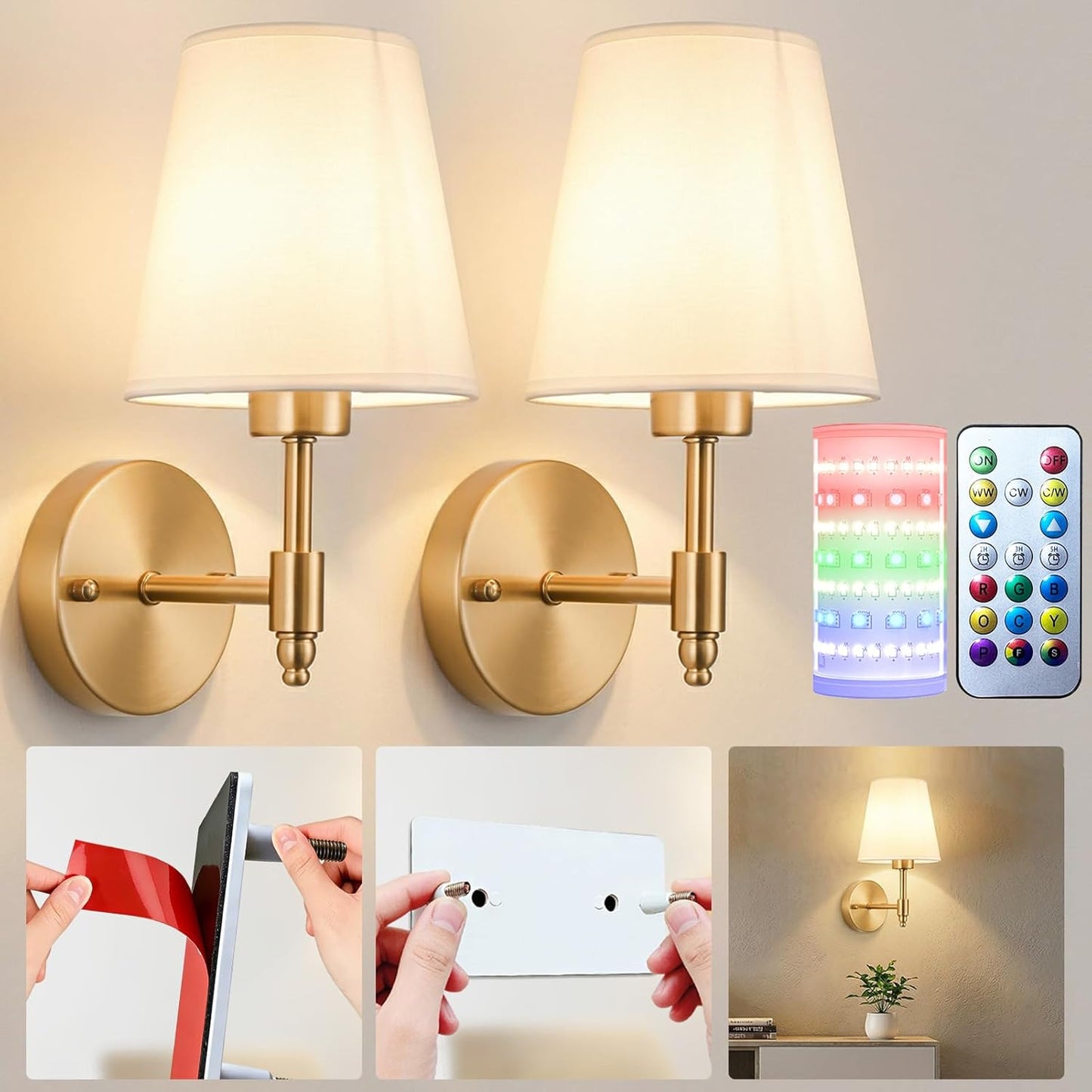 Battery Operated Wall Sconces Set Of Two, Wireless Battery Wall Light With 10000mAh RGB Rechargeable Magnetic Bulb, Rechargeable Wall Sconce With Remote Control For Bedroom, No Electrician Required
