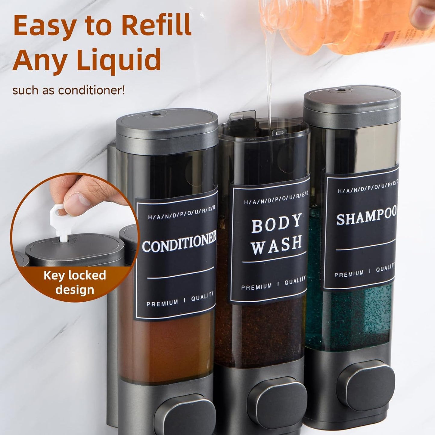 Shampoo and Conditioner Dispenser,Shower Soap Dispenser 3 Chamber No Drill Wall-Mounted Shampoo Dispenser for Shower Wall Mounted Shower Dispenser for Bathroom Hotel Large Capacity,Dark Gray1
