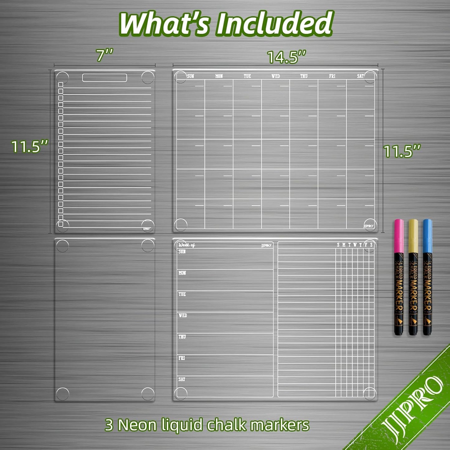 JJPRO Non-Magnetic Dry Erase Calendar for Fridge, Monthly Calendar, Weekly Planning Board Bundle for All Smooth Surfaces. Clear Reusable Calendar Stick to Fridge,Cabinet,Door&Glass