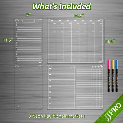 JJPRO Non-Magnetic Dry Erase Calendar for Fridge, Monthly Calendar, Weekly Planning Board Bundle for All Smooth Surfaces. Clear Reusable Calendar Stick to Fridge,Cabinet,Door&Glass