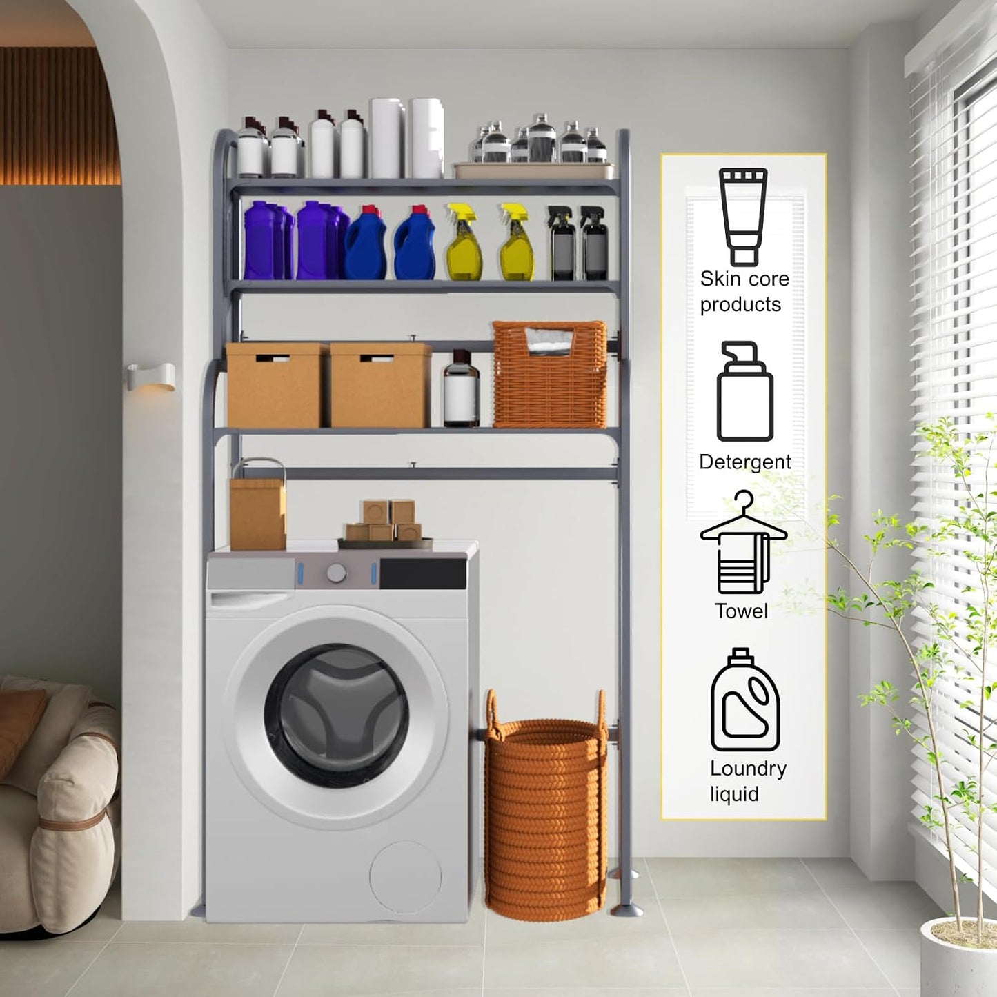 Adjustable Laundry Organizer Shelf over the Washer and Dryer Storage Shelf | 3 Tier Expandable Over Washer Storage, Over Toilet Washing Machine Bathroom Organization Shelves with Pegboard and Hook