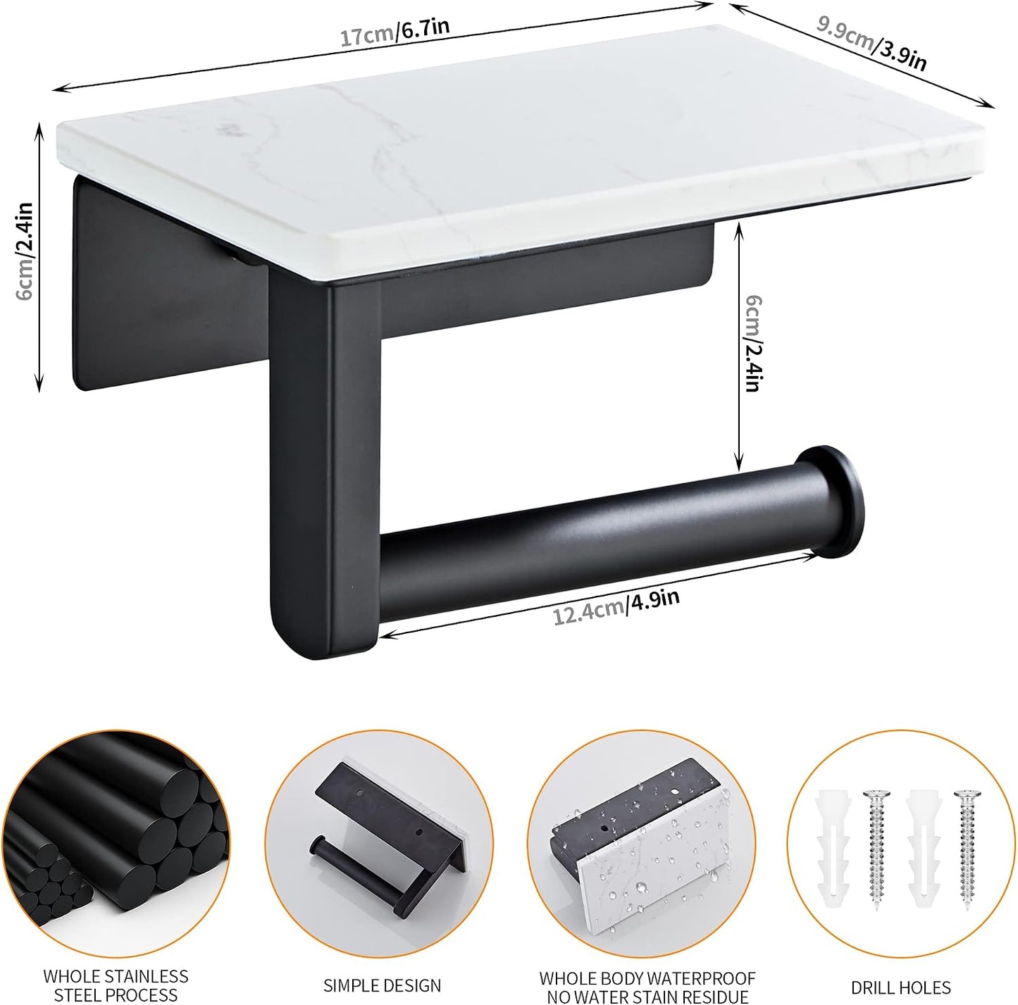 Brushed Nickel Toilet Paper Holder with Marble-Look Shelf, Wall Mounted SUS304 Stainless Steel Toilet Roll Holder with Phone Storage
