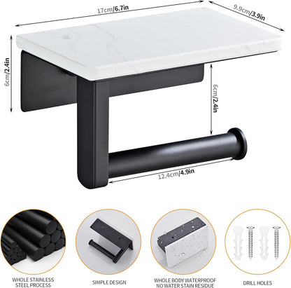 Brushed Nickel Toilet Paper Holder with Marble-Look Shelf, Wall Mounted SUS304 Stainless Steel Toilet Roll Holder with Phone Storage