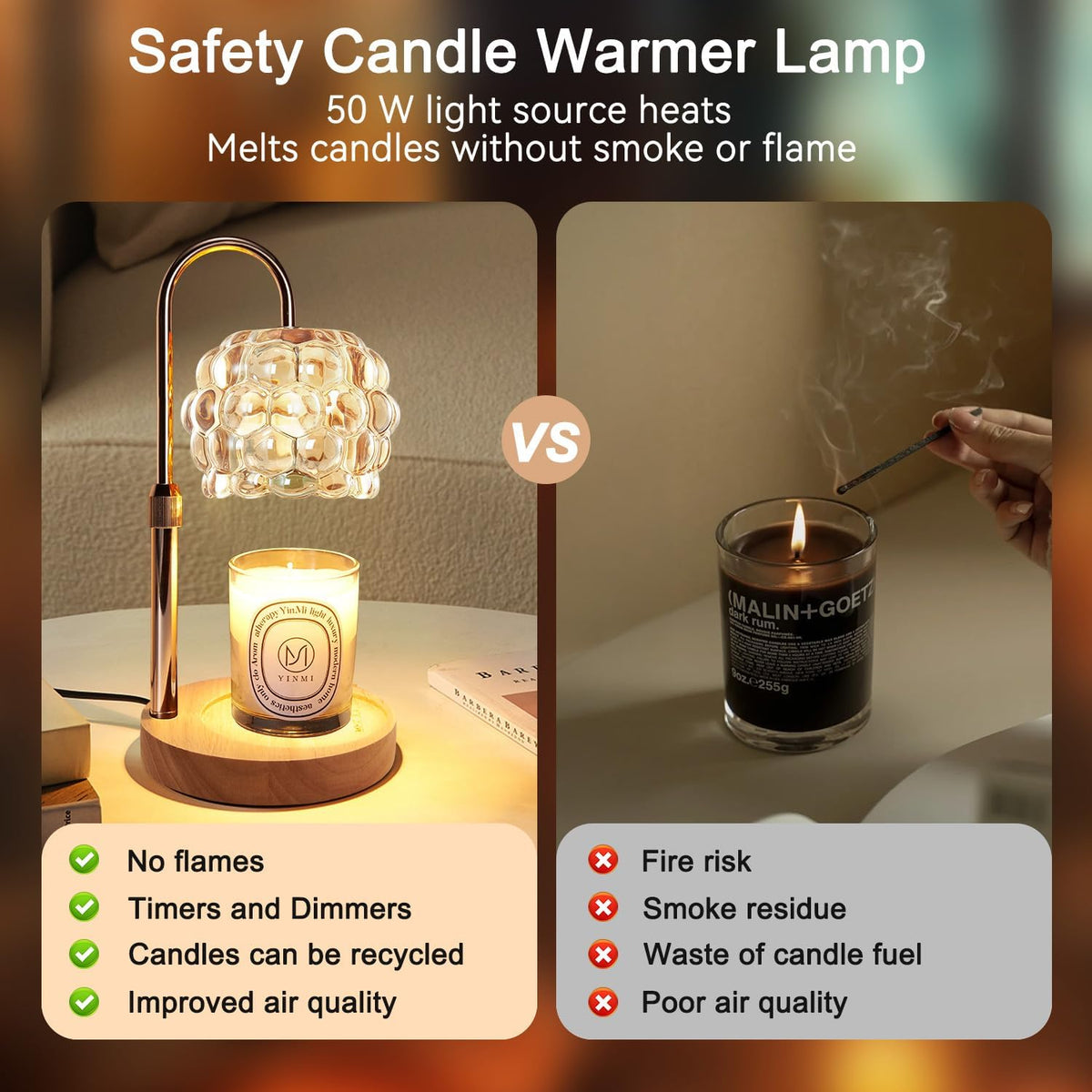 Candle Warmer Lamp with Timer Adjustable - Height Candle Warmer, Dimmer, Black Glass Wax Melting Lamps for Home Decor, for Candles in Jars with 2 Bulbs