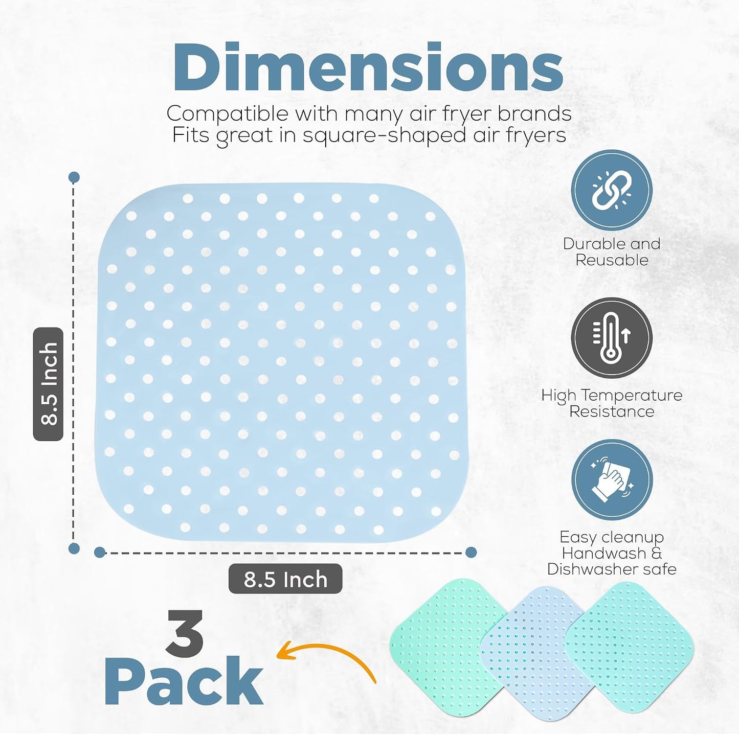 Square Air Fryer Liners Silicone 8.5” x 8.5", 3-Pack, Pastel Colors | Washable & Reusable, Full Coverage, Non-Stick, Easy to Clean, air fryer liners reusable, air fryer silicone liners