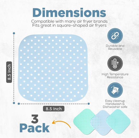 Square Air Fryer Liners Silicone 8.5” x 8.5", 3-Pack, Pastel Colors