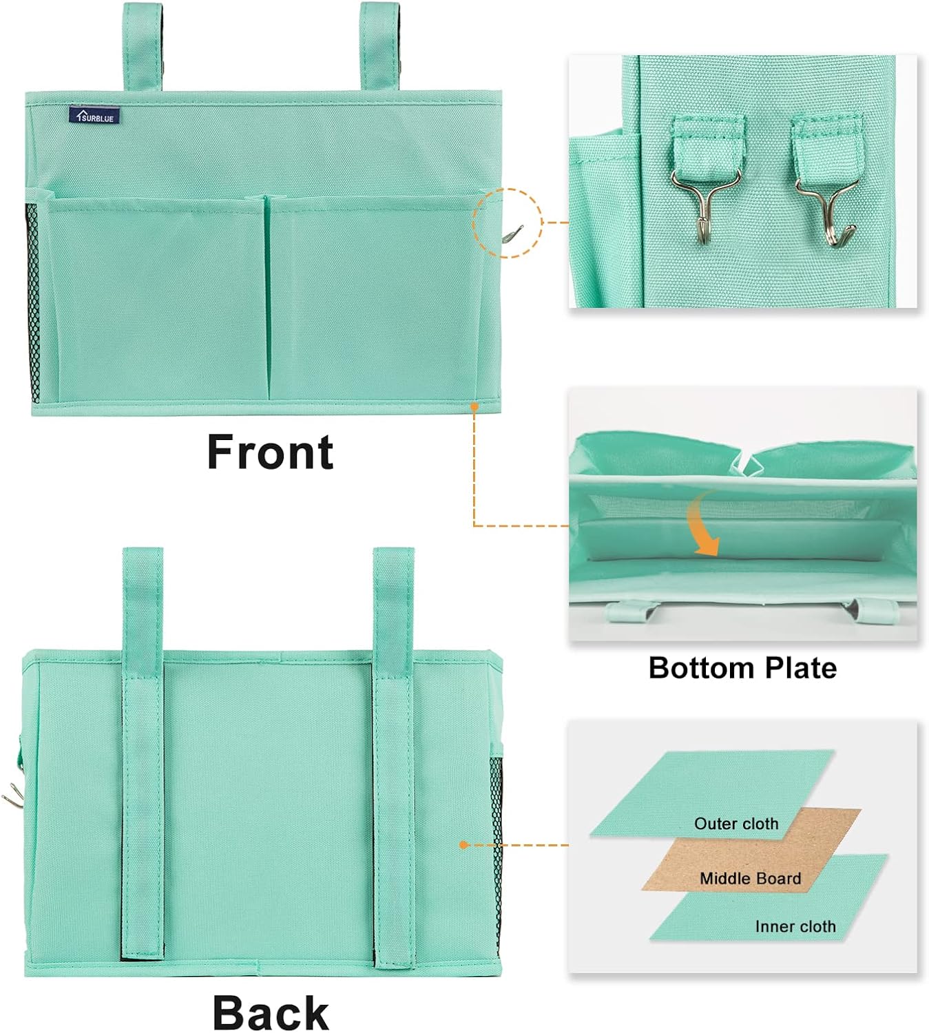 Surblue Bedside Caddy Hanging Organizer Storage Bag Pocket for Bunk, Hospital, College Dorm Rooms, Baby Bed Rails, Camp - 4 Pockets, 2 Hooks (Blue)
