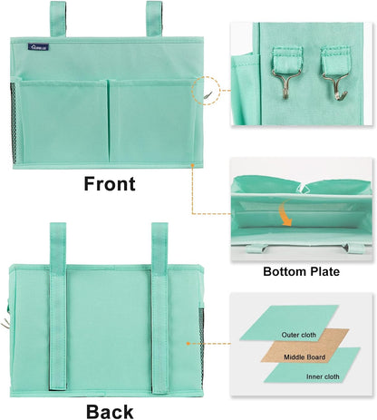 Surblue Bedside Caddy Hanging Organizer Storage Bag Pocket for Bunk, Hospital, College Dorm Rooms, Baby Bed Rails, Camp - 4 Pockets, 2 Hooks (Blue)