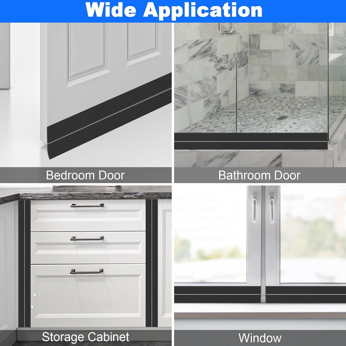 ToLanbbt Weather Stripping Silicone Door Seal Strip 2 in x 10 ft Door Draft Stopper Self Adhesive Tape, Side & Bottom Gaps Insulation Seal for Glass Shower Sliding Window, Black