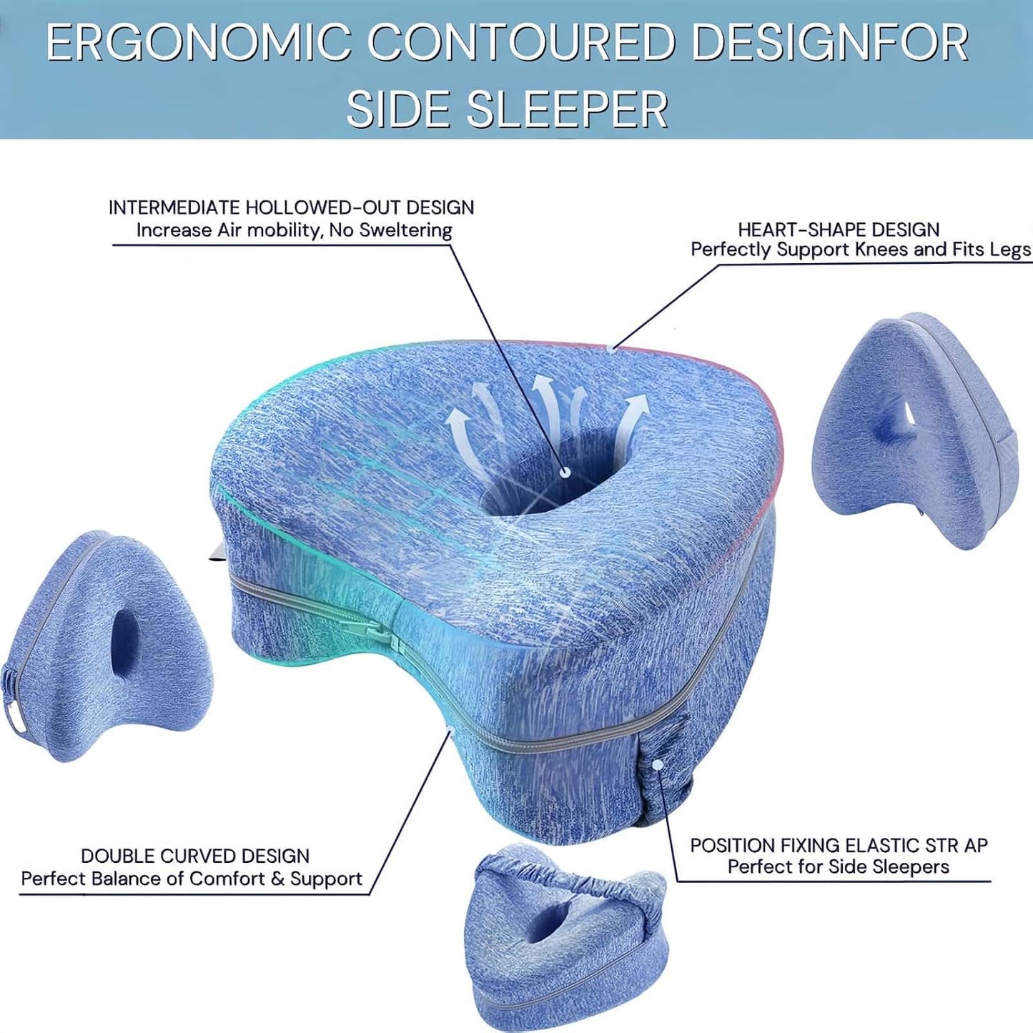 Alignment Pillow for Side Sleepers, Leg Pillow, Knee Pillow for Side Sleeping, Memory Foam Ergonomic Sciatica Pain Relief Pillows with Adjustable Strap for Hips, Knees,Legs,Back (Grid Blue)