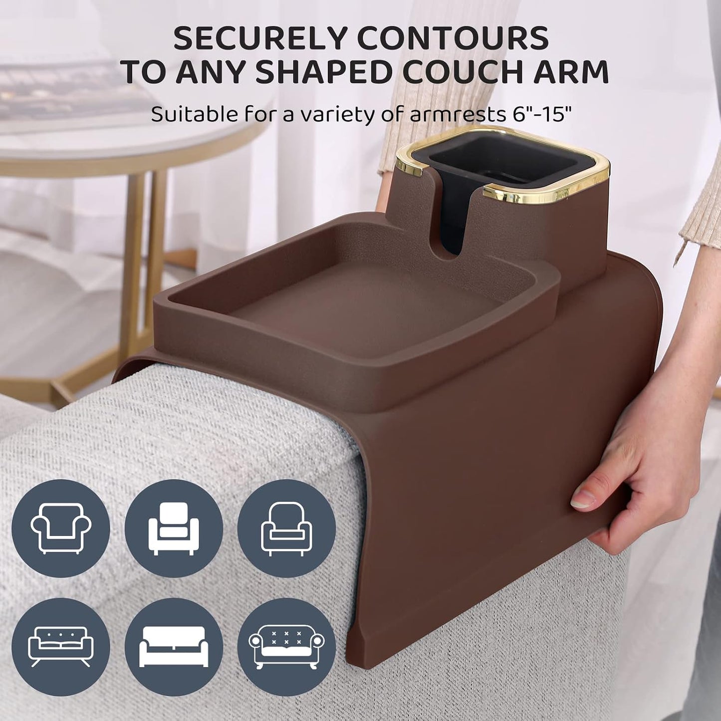 HMASYO Couch Cup Holder Tray – Weighted Silicone Sofa Armrest Organizer Table with Anti-Spill Coaster, Easy Reach for Drink, Snacks, Remote & Phone, Non-Slip Base, Easy Clean