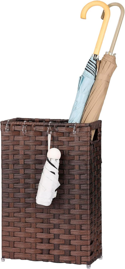 Rattan Umbrella Stand, Umbrella Holder for Entryway, Hand Woven Umbrella Rack Organizer Freestanding, with a Detachable Drip Tray, 4 Hooks, 11.8" L x 5.5" W x 16.5" H, Natural