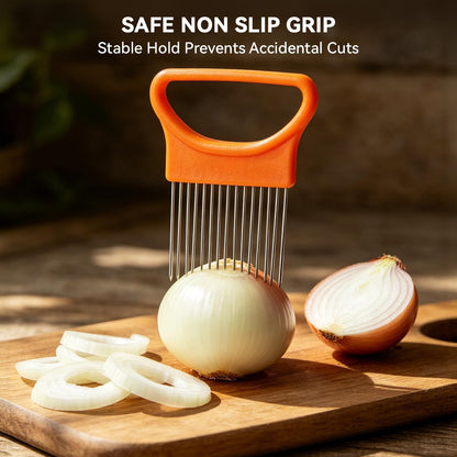 Onion Holder for Slicing - Stainless Steel Vegetable & Fruit Slicer Assistant Tool, Multi-Purpose Onion Tomato Cutter for Potato, Avocado, Egg & Meat Chopping (Blue)