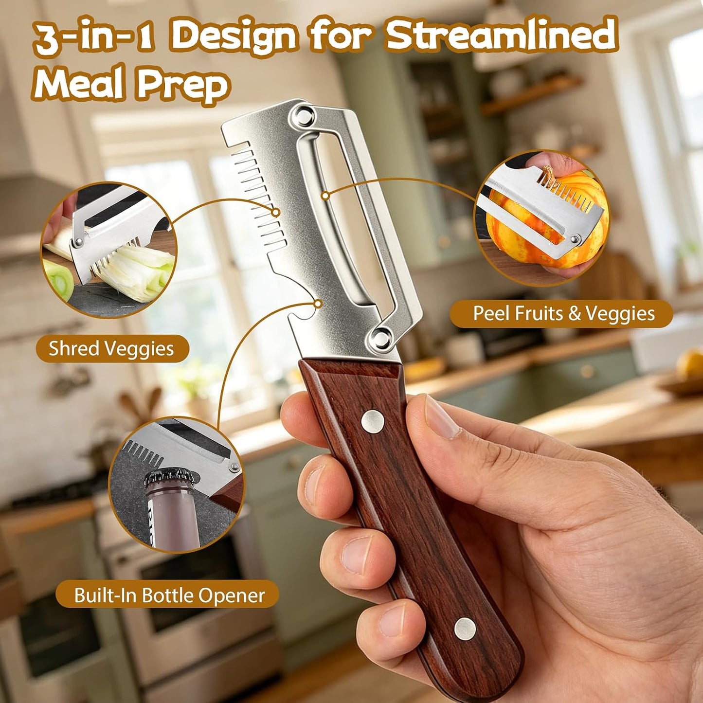 2 PCS Multifunctional Vegetable Peeler, 3 in 1 Elite Vegetable Peeler with Wooden Handle and Bottle Opener, Zero Snag Wooden Peeler for Fruits and Vegetables