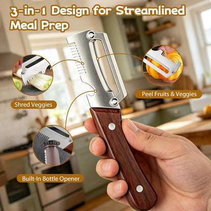 2 PCS Multifunctional Vegetable Peeler, 3 in 1 Elite Vegetable Peeler with Wooden Handle and Bottle Opener, Zero Snag Wooden Peeler for Fruits and Vegetables