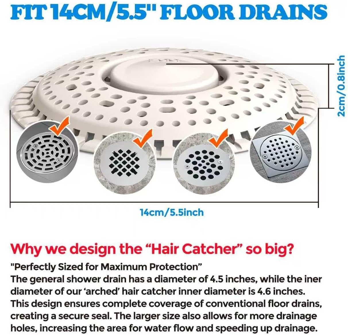 Shower Drain Hair Catcher Silicone Flat Floor Strainer Protector | 2 Pack Gray Weighted Flat Shower Drain Protectors, Traps Hair Before Clogs, Easy to Clean in Seconds, Fits Flat Floor Drains