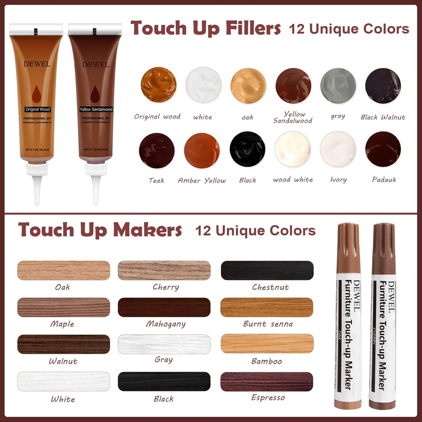 DEWEL Wood Furniture Repair Kit, Upgrade Wood Filler, Furniture Touch Up Markers with Wax Sticks, 42 Pcs Floor Touch Up kit for Scratches, Cracks, Hole, Laminate, Table, Bedposts