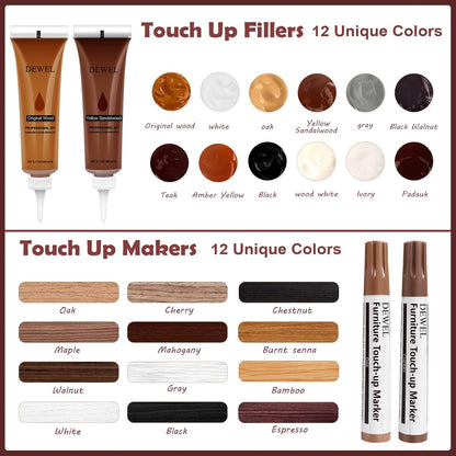 DEWEL Wood Furniture Repair Kit, Upgrade Wood Filler, Furniture Touch Up Markers with Wax Sticks, 42 Pcs Floor Touch Up kit for Scratches, Cracks, Hole, Laminate, Table, Bedposts