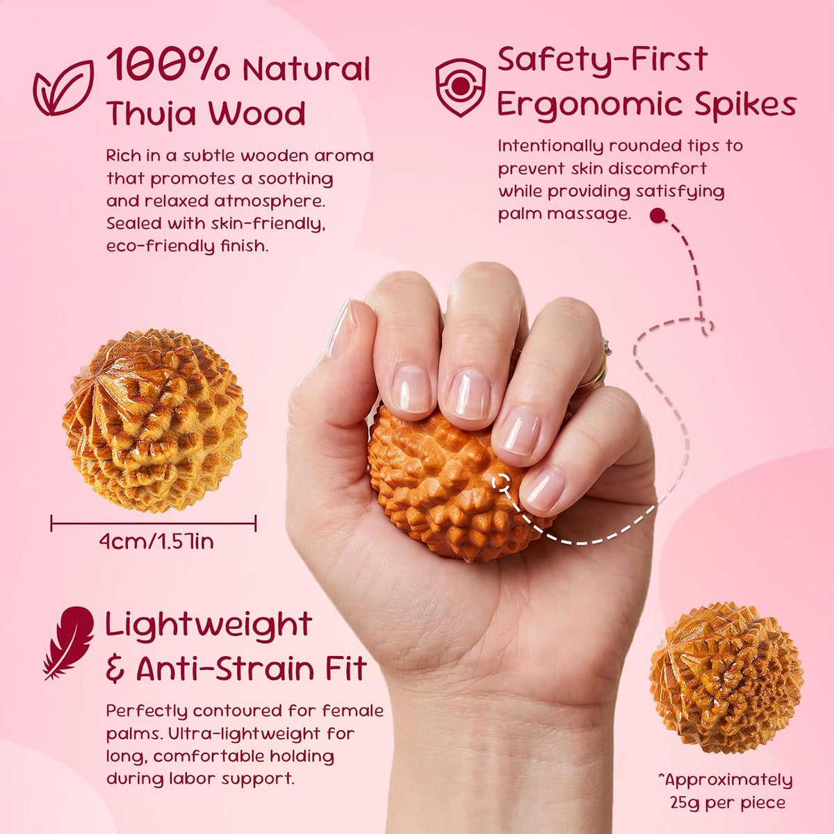 SIMPOR 2 Pcs Natural Wooden Acupressure Balls for Labor and Delivery, Handheld Palm Massage Ball Set for Contraction Pain Relief, Pregnancy Hospital Bag Essentials, Baby Shower Mom-to-Be Gift
