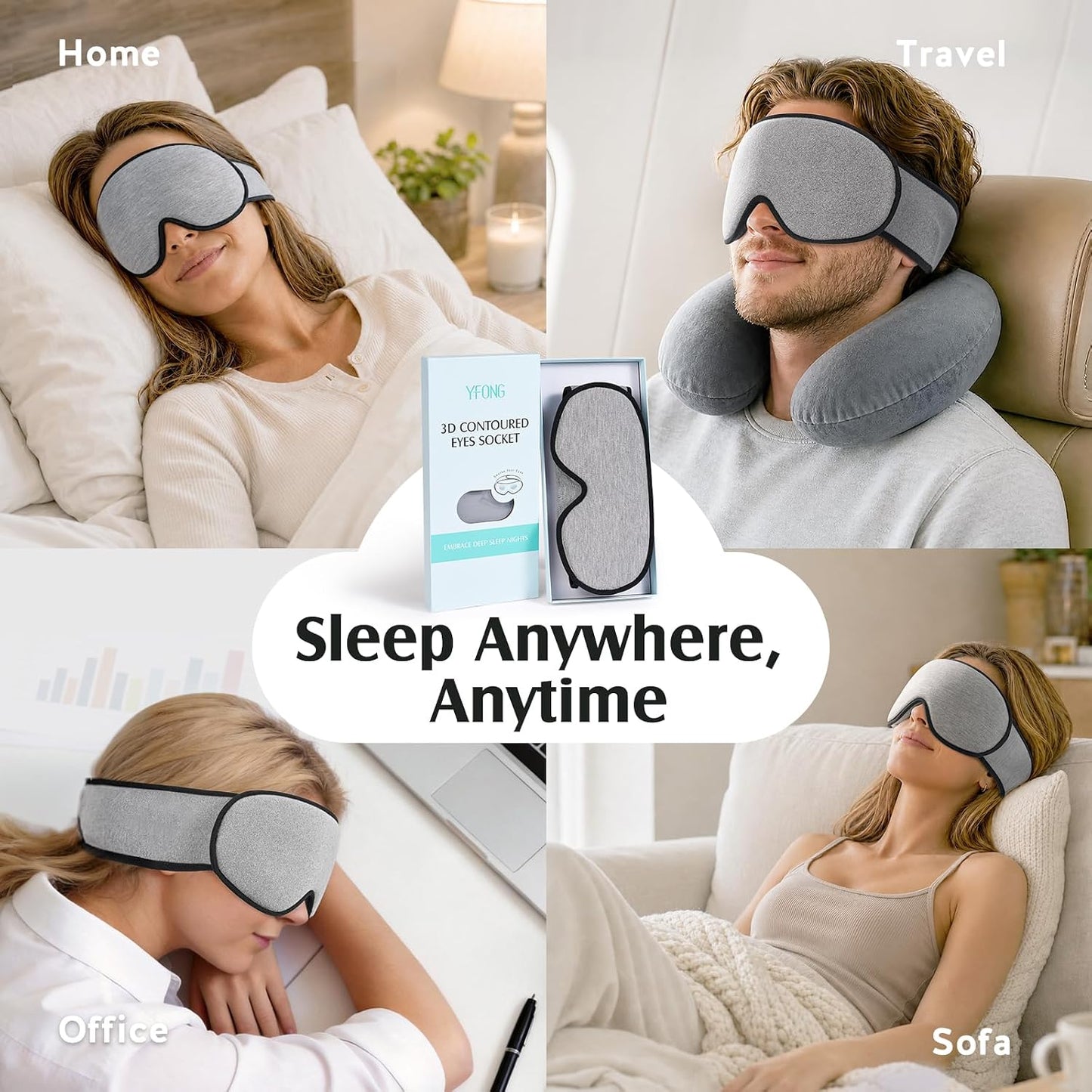 YFONG Sleep Mask for Side Sleepers Women Men, Soft & Breathable Bamboo Viscose Eye Mask for Sleeping, 100% Blackout 3D Eye Cover, Wider Adjustable Hook & Loop Straps for Ultra Comfort, Light Gray