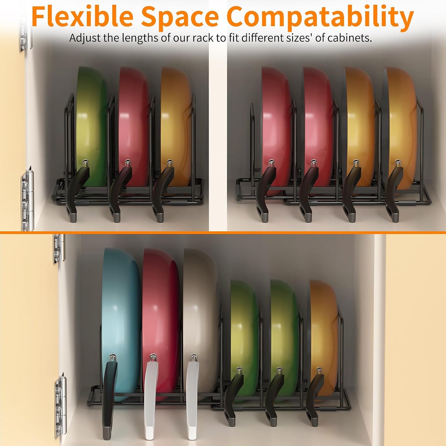 Adjustable 2.2in Pan Organizer Rack | For Pots, Pans, Cutting Boards, Cookie Sheets & Muffin Pans, 6 Slots, Non-Slip