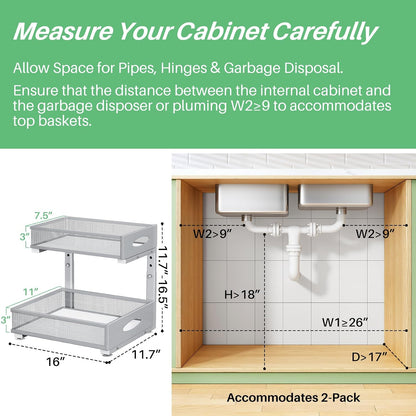 Under Sink Organizer, 2-Pack Pull Out Cabinet Organizer 2 Tier Metal Slide Out Storage Shelf Rack, L-Shaped Adjustable Height,Mesh Sliding Drawer for Kitchen, Bathroom, Laundry, Pantry, White, XL