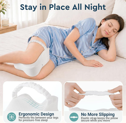 Long Knee Pillow for Side Sleepers with Strap - Large Leg Pillow for Side Sleeping with Full Thigh & Knee Support, Memory Foam Alignment Pillows for Sciatica, Hip & Knee Relief, White