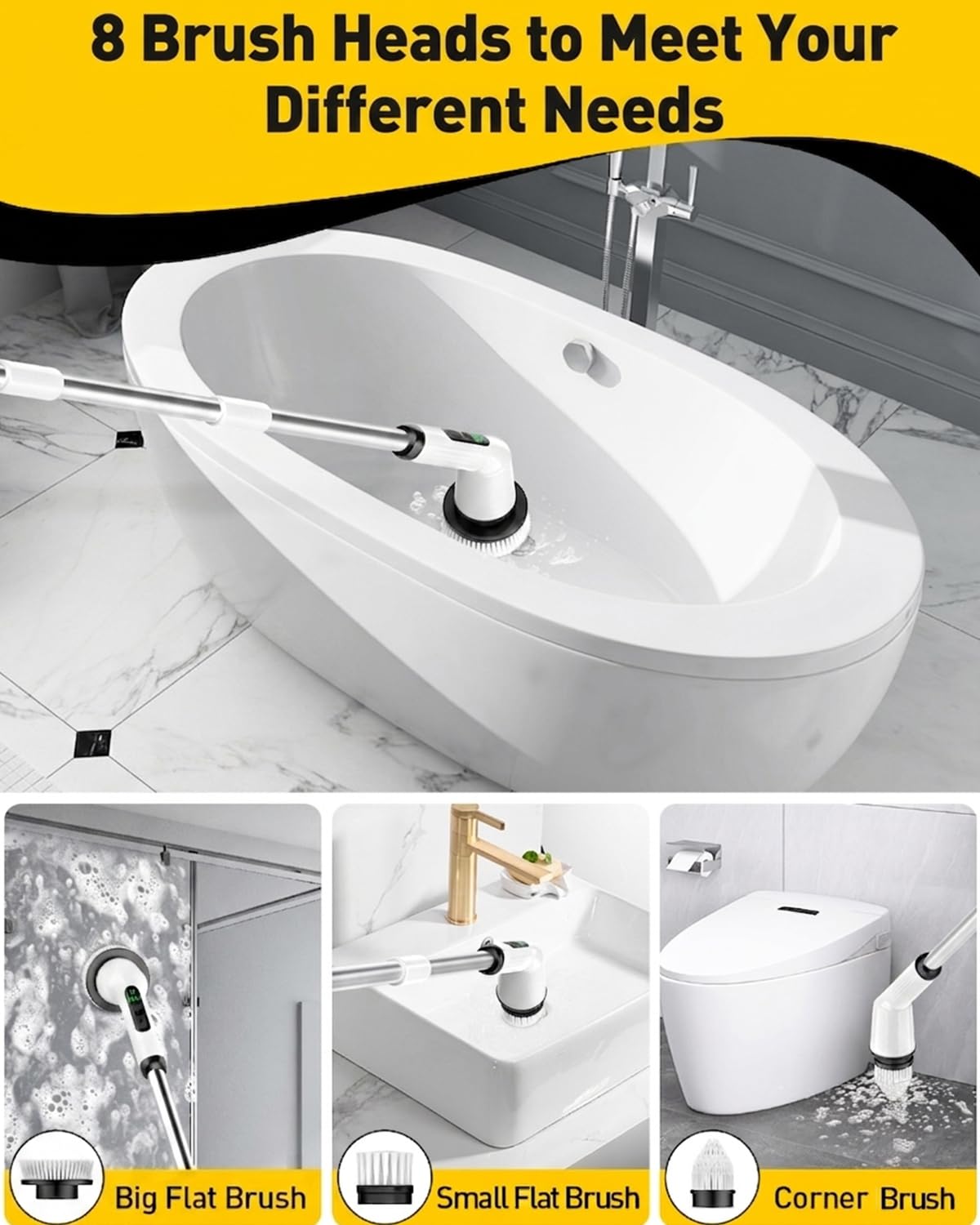 Electric Spin Scrubber for Bathroom, Shower Scrubber with Long Handle | Shower Cleaner Brushes, IPX7 Waterproof & 2 Speed, 3 Brush Heads, 90min Runtime, Bathroom Cleaning Supplies for Toilet Tub