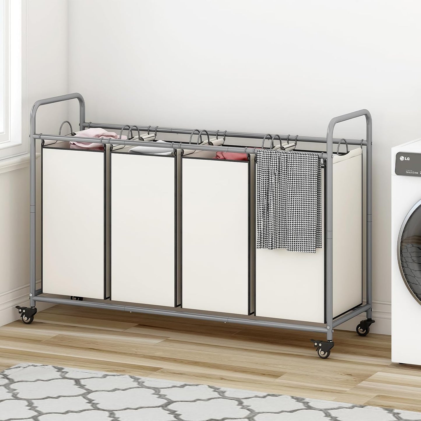 LINZINAR 3 Section Laundry Hamper, Black Laundry Basket 135L Laundry Sorter | Laundry Room Organization with Heavy Duty Rolling Lockable Wheels and Removable Bag, Bedroom Laundry Cart for Clothes Storage