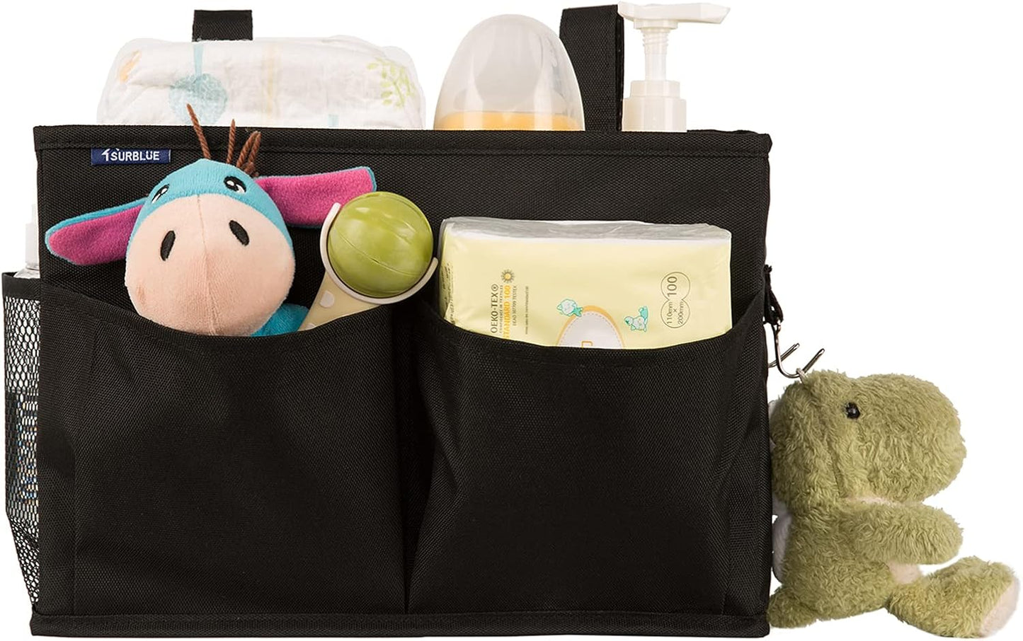 Surblue Bedside Caddy Hanging Organizer Storage Bag Pocket for Bunk, Hospital, College Dorm Rooms, Baby Bed Rails, Camp - 4 Pockets, 2 Hooks (Blue)