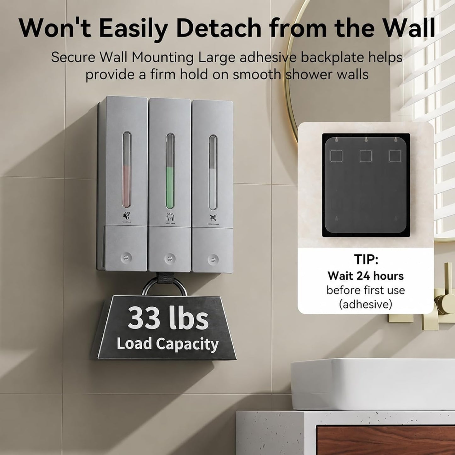 Shampoo and Conditioner Dispenser - Wall-Mounted 3-Chamber Shower Soap Dispenser, No-Drill, 1200ML Capacity, for Bathroom & Hotel