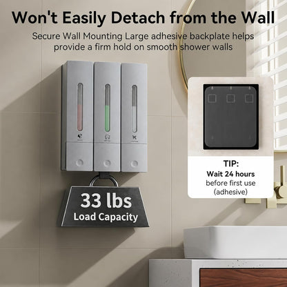 Shampoo and Conditioner Dispenser - Wall-Mounted 3-Chamber Shower Soap Dispenser, No-Drill, 1200ML Capacity, for Bathroom & Hotel