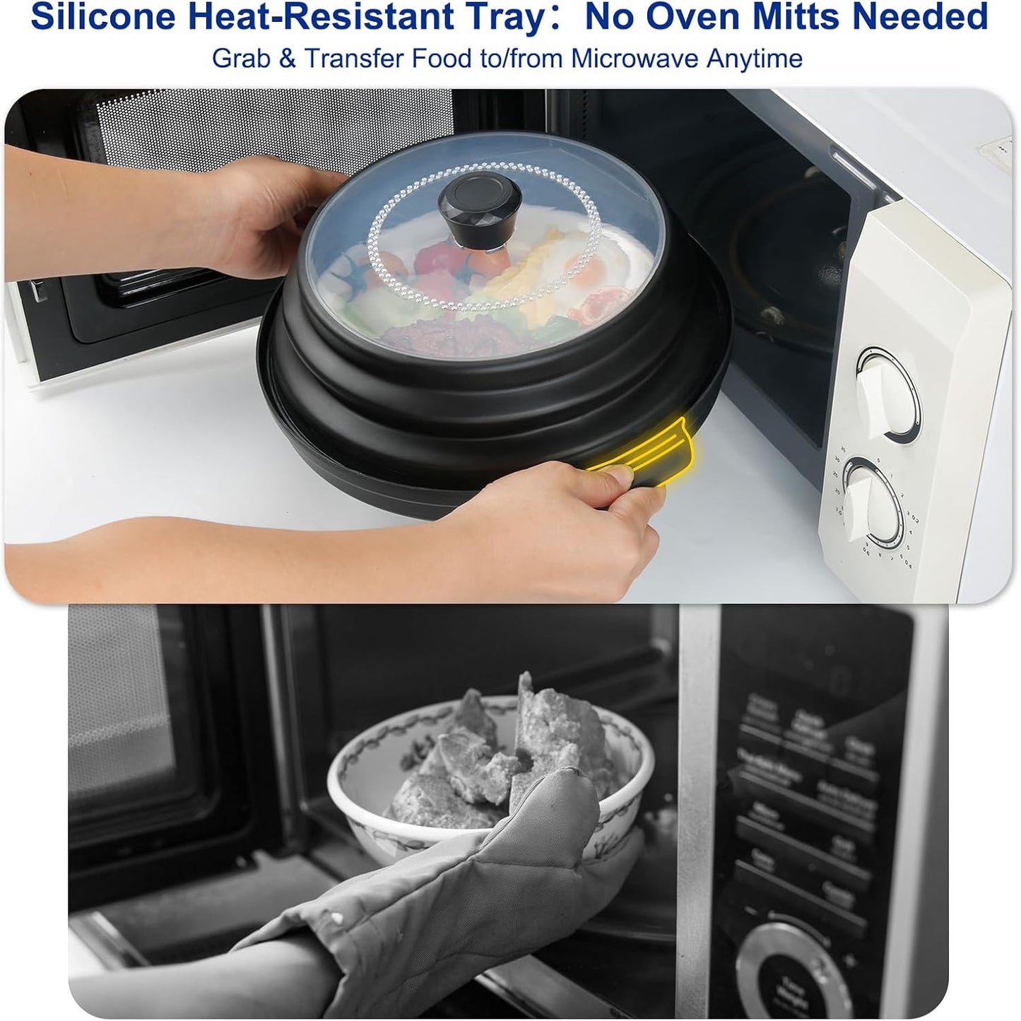 Microwave Splatter Cover for Food with Handle &Heat-Resistant Mat, 10.7" Collapsible Microwave Plate Cover - BPA Free, Dishwasher Safe Food Lid, Multi-Use Colander & Steamer for Meal Prep （Black）