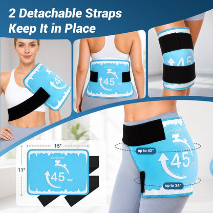 Comfytemp 45Min Long-Lasting Ice Pack for Injuries Reusable | Large Gel Cold Pack with 2 Detachable Straps, Flexible Ice Pack Wrap for Back Shoulder Knee, Hot Cold Compress, 11"x15"