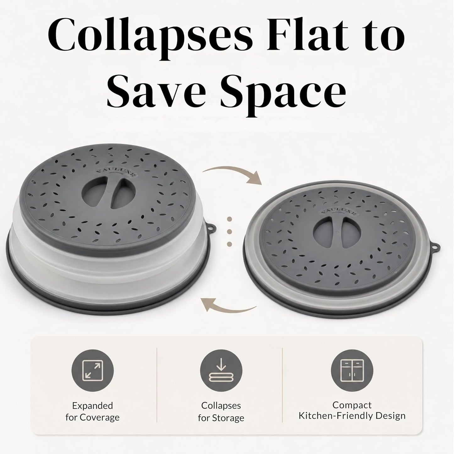 10.5" Collapsible 2-in-1 Silicone Microwave Splatter Cover, Foldable, Grey