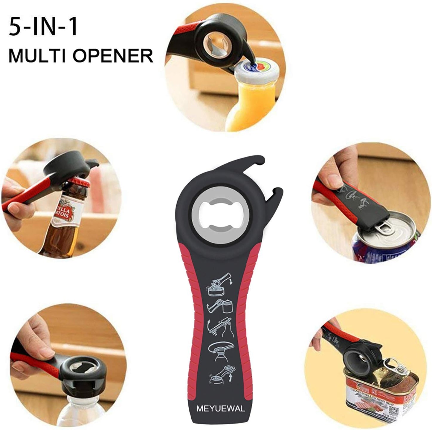 Jar Opener Bottle Opener for Weak Hands, 5 in 1 Multi Function Can Opener Bottle Opener Kit with Silicone Handle Easy to Use for Children, Elderly and Arthritis Sufferers (New red)