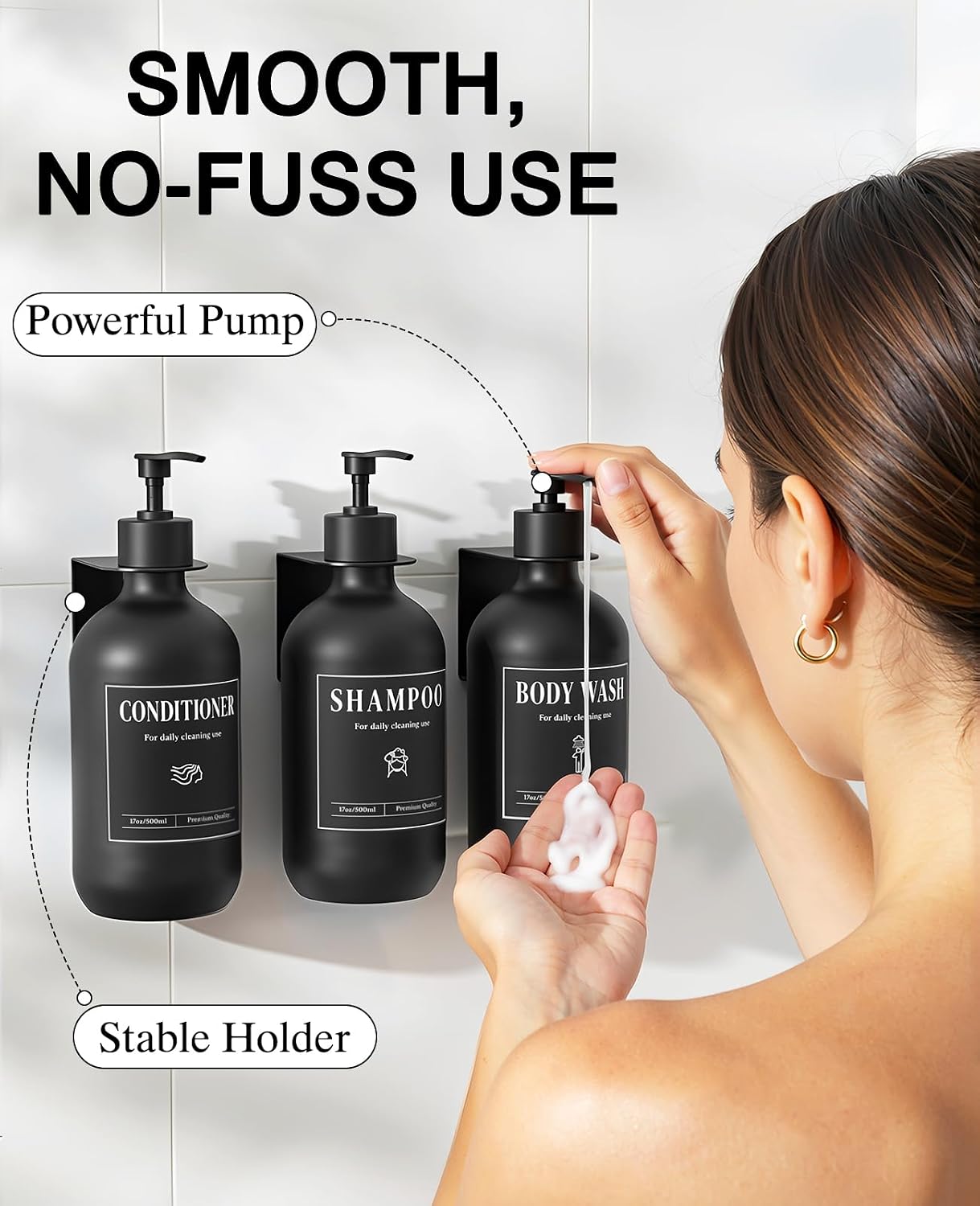 Luxspire 17oz Shampoo and Conditioner Dispenser 3 Sets for Bathroom, Black | Matte PET bottle, no-drill stainless bracket, detachable pump, dual wall/counter install with classification stickers