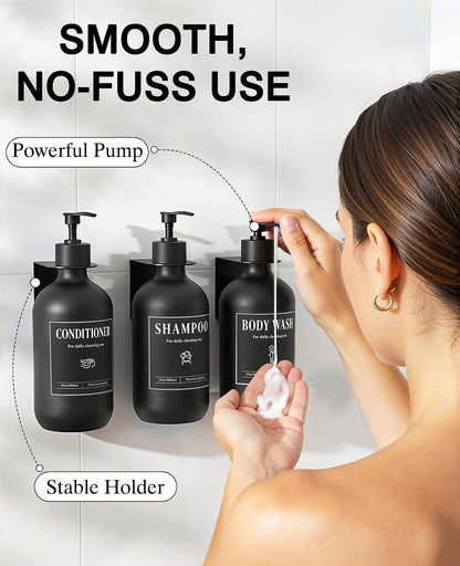 Luxspire 17oz Shampoo and Conditioner Dispenser 3 Sets for Bathroom, Black | Matte PET bottle, no-drill stainless bracket, detachable pump, dual wall/counter install with classification stickers