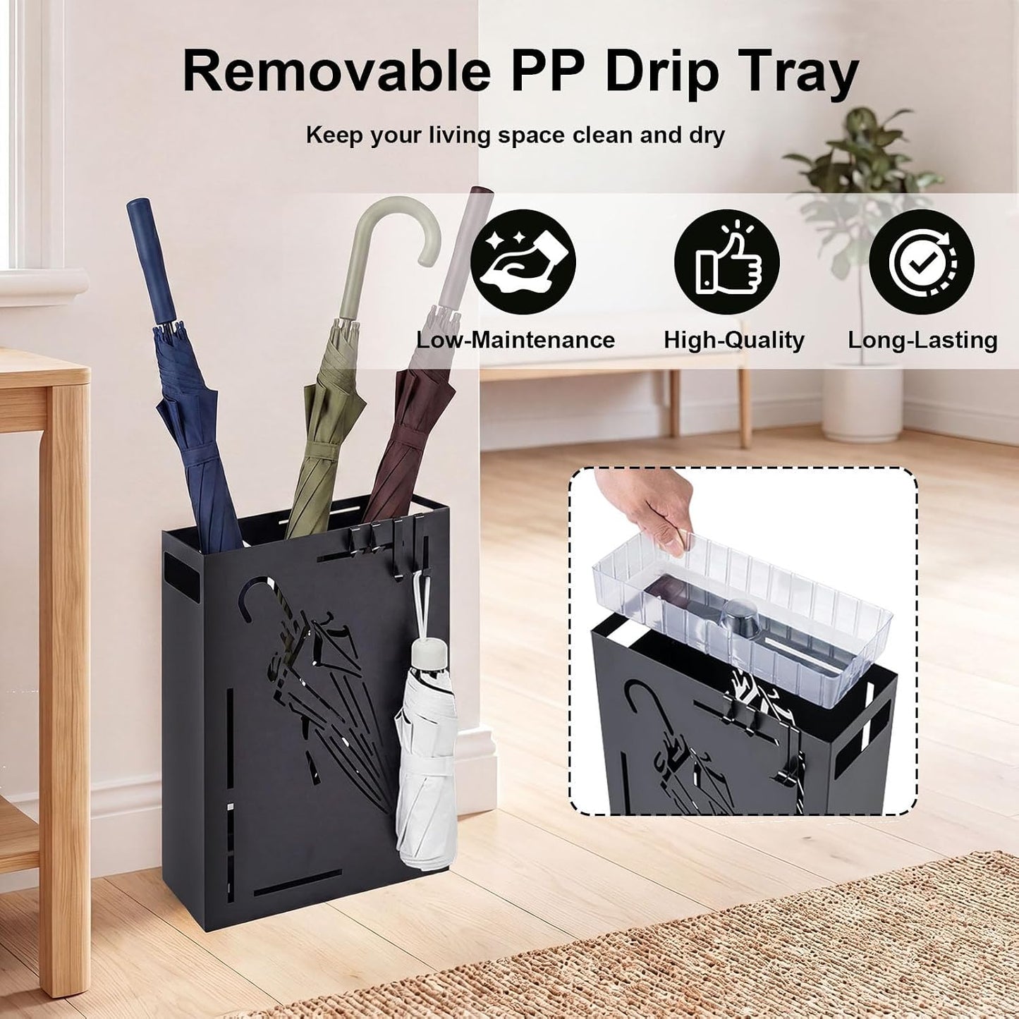 Goplus Metal Umbrella Holder, Indoor Umbrella Stand Freestanding, Black | Removable Drip Tray, 4 Hanging Hooks, Heavy-Duty Rectangular Umbrella Holders for Entryway, Home Office, 11 x 5 x 16 Inch