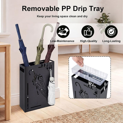 Goplus Metal Umbrella Holder, Indoor Umbrella Stand Freestanding, Black | Removable Drip Tray, 4 Hanging Hooks, Heavy-Duty Rectangular Umbrella Holders for Entryway, Home Office, 11 x 5 x 16 Inch