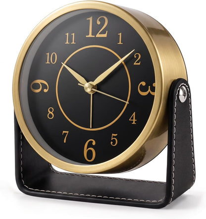 Analog Alarm Clock - 4.5" Silent Non Ticking Small Clock with Light, Rotatable Stand Metal Desk Clock Battery Operated, Simple Design for Living Room Decor/ Bedroom/Bedside/Shelf (Black & White)