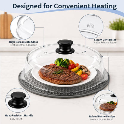 Glass Microwave Cover for Food, Tall Microwave Splatter Cover with Silicone Mat, Vent Holes, BPA Free, Dishwasher Safe, 10 Inch, High Borosilicate Glass Plate Lid with Side Tabs