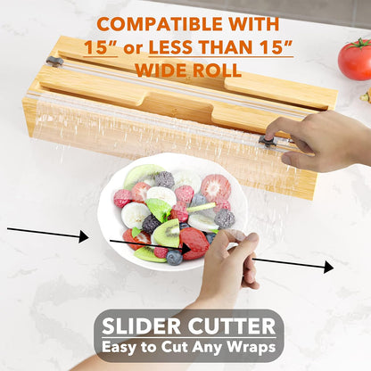 SpaceAid 2 in 1 Long Wrap Dispenser (Need 3" Deep Drawer) with Cutter, Plastic Wrap, Aluminum Foil Dispenser for Kitchen Drawer, Bamboo Roll Organizer Holder, Compatible with 15" Roll